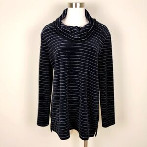 Kim Rogers Velour Cowl Neck Pullover Tunic Sz M Black Silver‎ Metallic Stripes